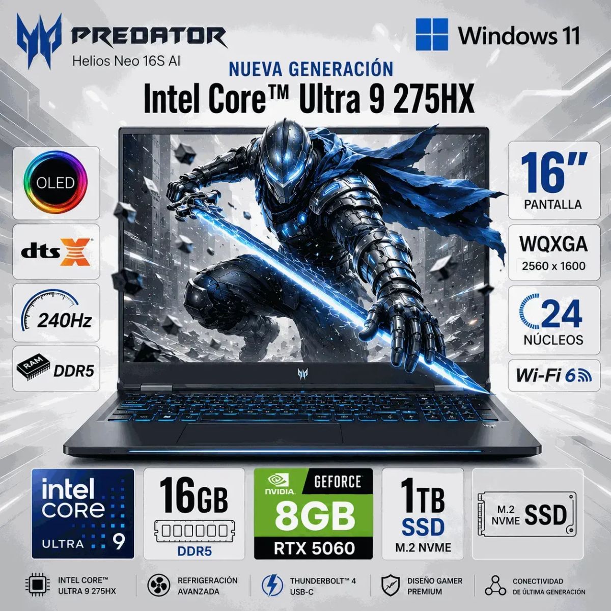 ACER - Laptop Acer Predator Helios NEO 16S AI Intel Core Ultra 9 275HX 16GB RAM 1TB RTX5060   PHN16S-71-91AW
