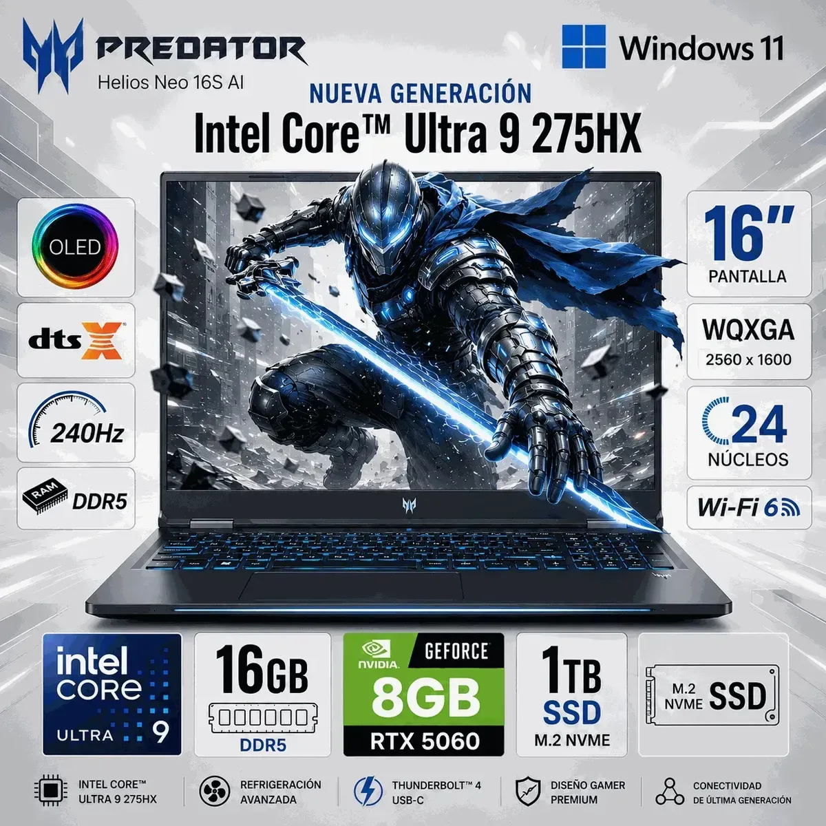 ACER - Laptop Acer Predator Helios NEO 16S AI Intel Core Ultra 9 275HX 16GB RAM 1TB RTX5060   PHN16S-71-91AW