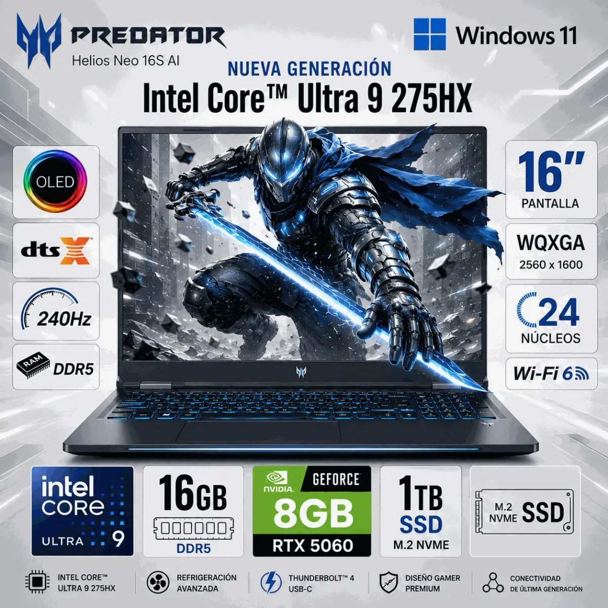 ACER - Laptop Acer Predator Helios NEO 16S AI Intel Core Ultra 9 275HX 16GB RAM 1TB RTX5060   PHN16S-71-91AW