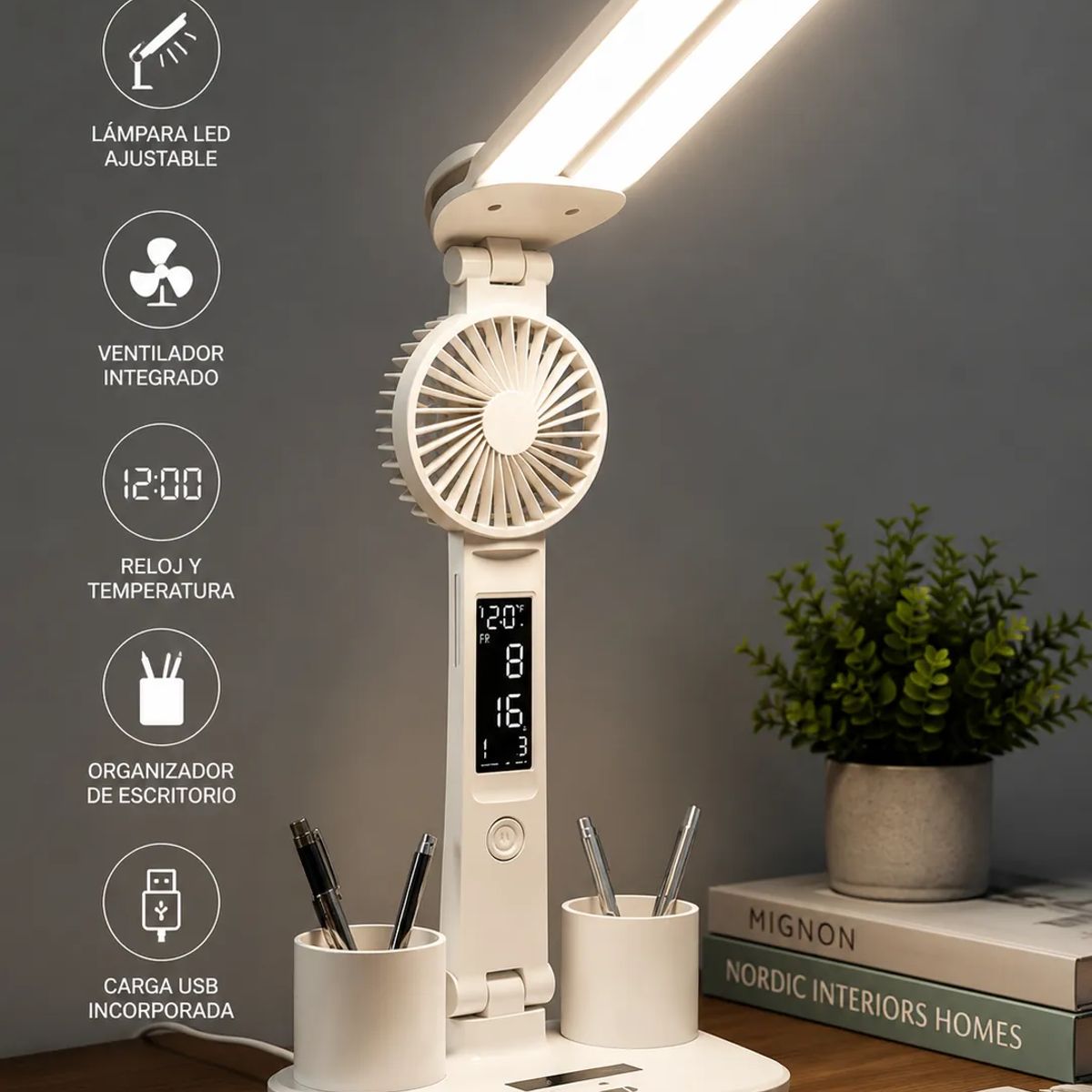GENERICO - Lámpara LED Inalámbrica Multifuncional 5 en 1 con Ventilador y Reloj