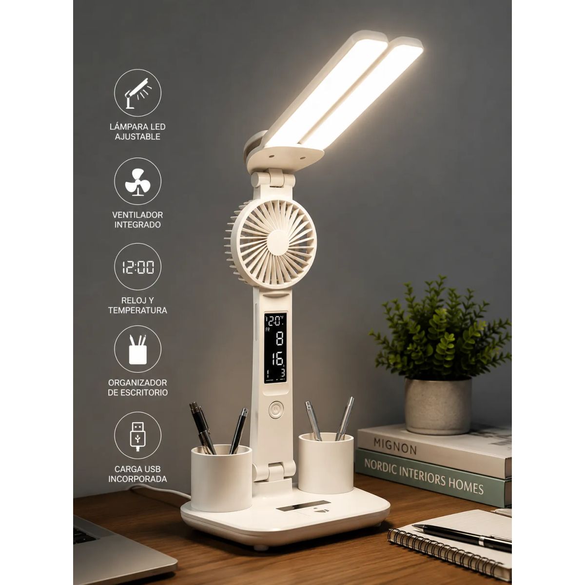 GENERICO - Lámpara LED Inalámbrica Multifuncional 5 en 1 con Ventilador y Reloj