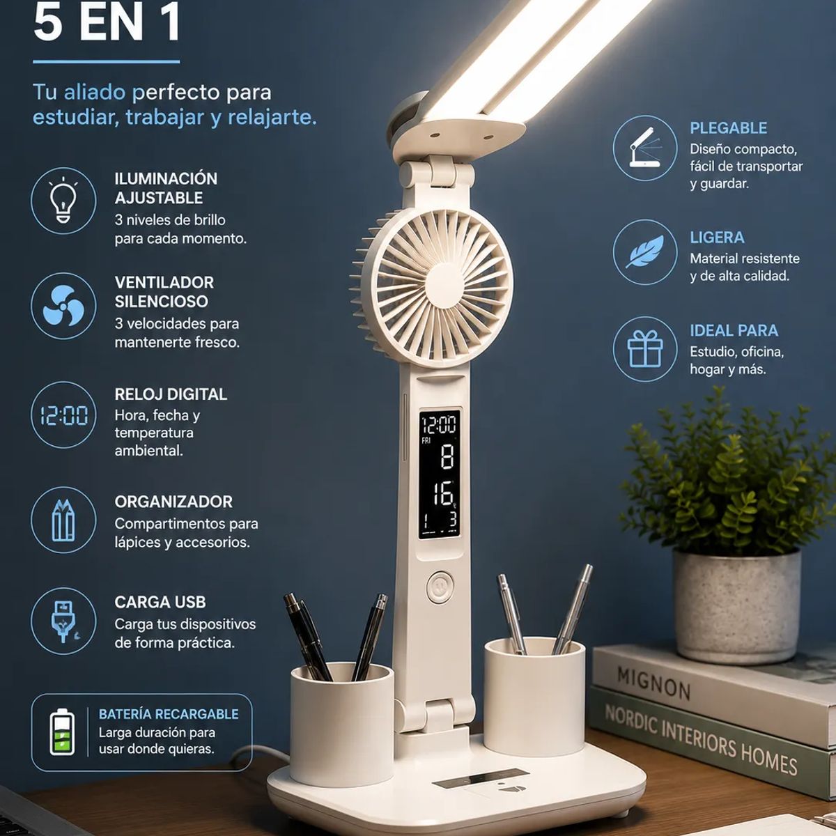 GENERICO - Lámpara LED Inalámbrica Multifuncional 5 en 1 con Ventilador y Reloj