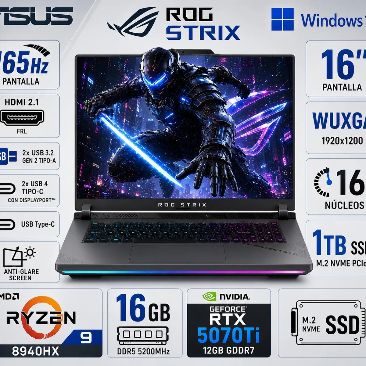 ASUS - Laptop Gamer ASUS ROG Strix G16 16", Ryzen 9 8940HX, 16GB RAM, 1TB SSD, RTX 5070 Ti 12GB, Windows 11