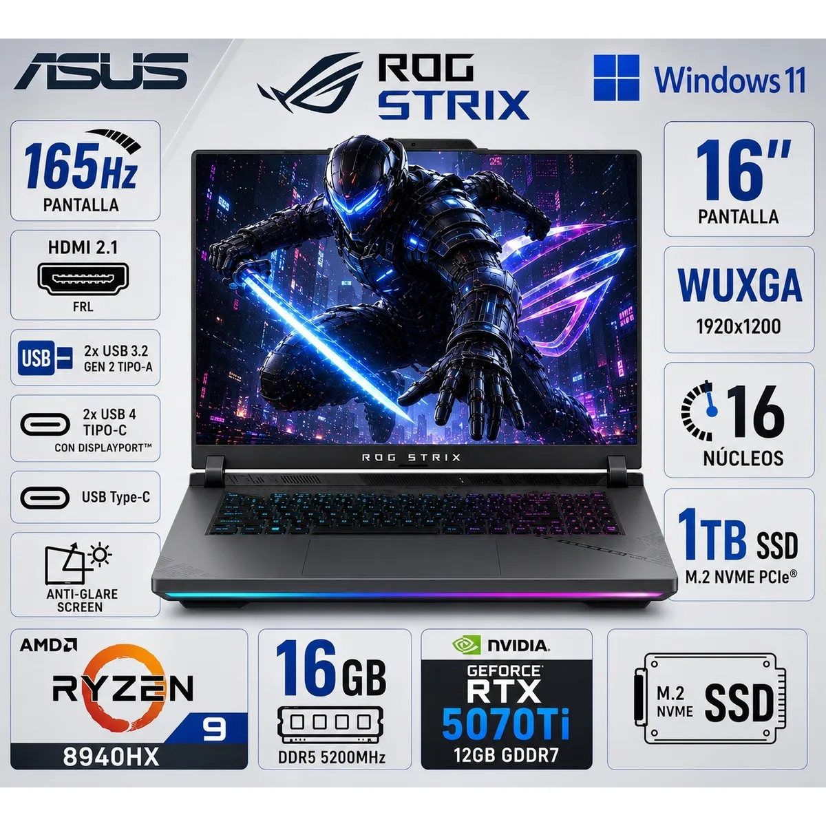 ASUS - Laptop Gamer ASUS ROG Strix G16 16", Ryzen 9 8940HX, 16GB RAM, 1TB SSD, RTX 5070 Ti 12GB, Windows 11