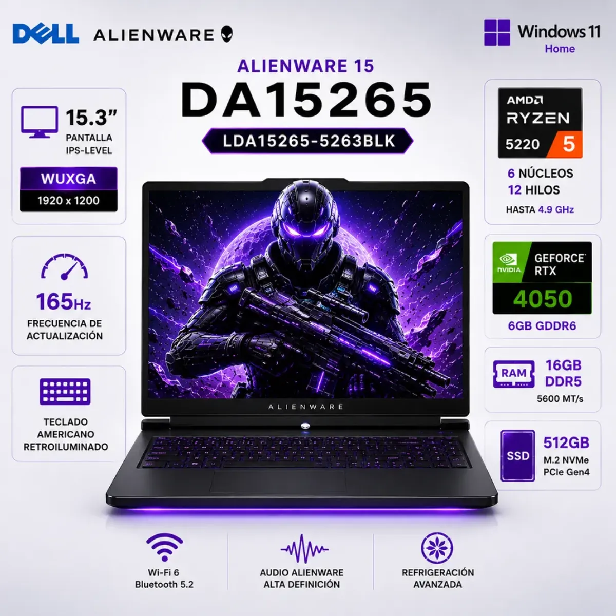 Dell - LAPTOP DELL ALIENWARE 15 DA15265 GAMING RYZEN 5 512GB SSD 16GB DDR5 15.3 WUXGA 165HZ  RTX 4050 6GB WIN 11 BLACK - LDA15265-5263BLK