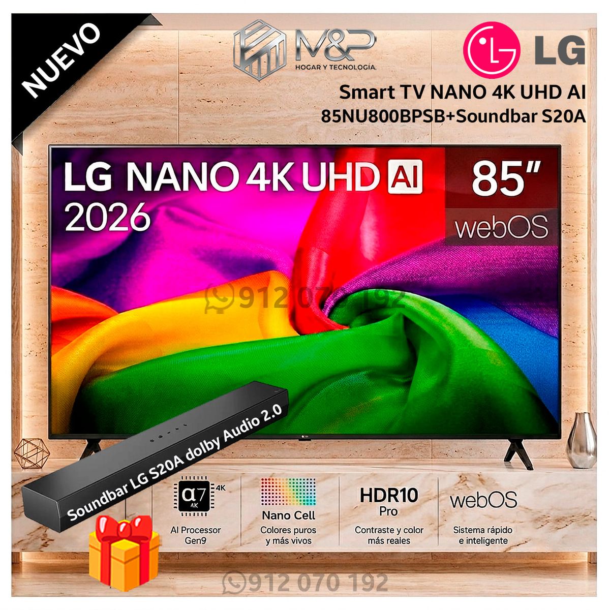 LG - Televisor LG 85 NANO 85NU800BPSB 4K UHD AI Smart TV 2026 - Modelo nuevo + Soundbar S20A
