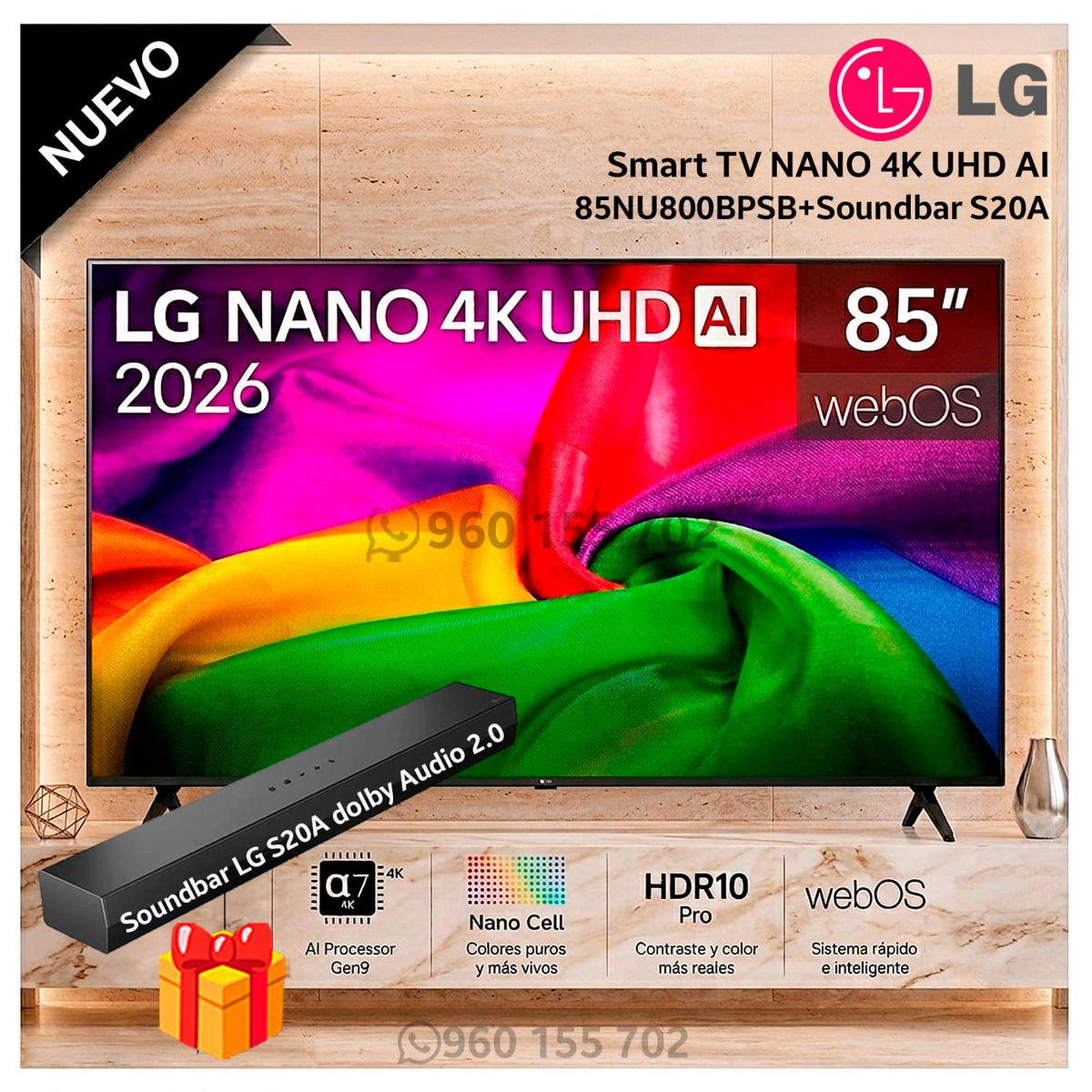 LG - Televisor LG 85 NANO 85NU800BPSB 4K UHD AI Smart TV 2026 - Modelo nuevo + Soundbar S20A