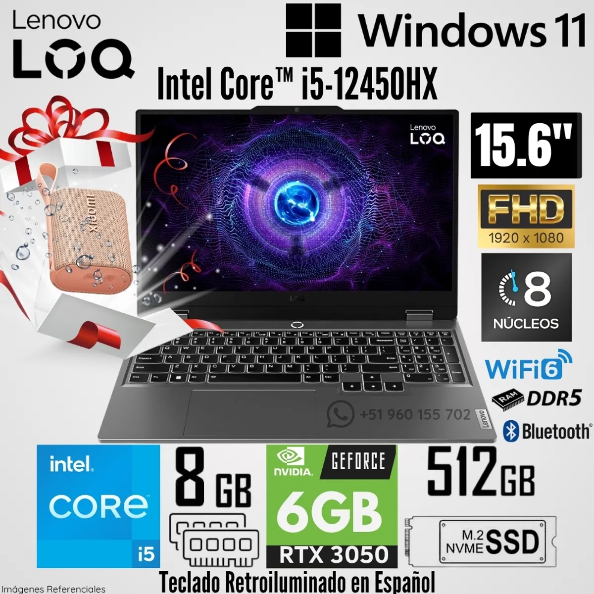 LENOVO - Laptop Lenovo LOQ 15IAX9 Intel Core™ i5-12450HX 8GB RAM 512GB SSD RTX 3050-6GB 15.6"  FHD 144 Hz
