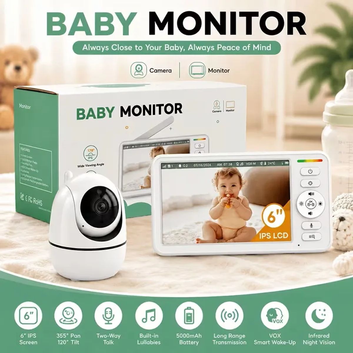 OEM - Cámara Monitor Para Bebés 6 " Con Audio Bidireccional 355° Sin WIFI Batería 5000mAh