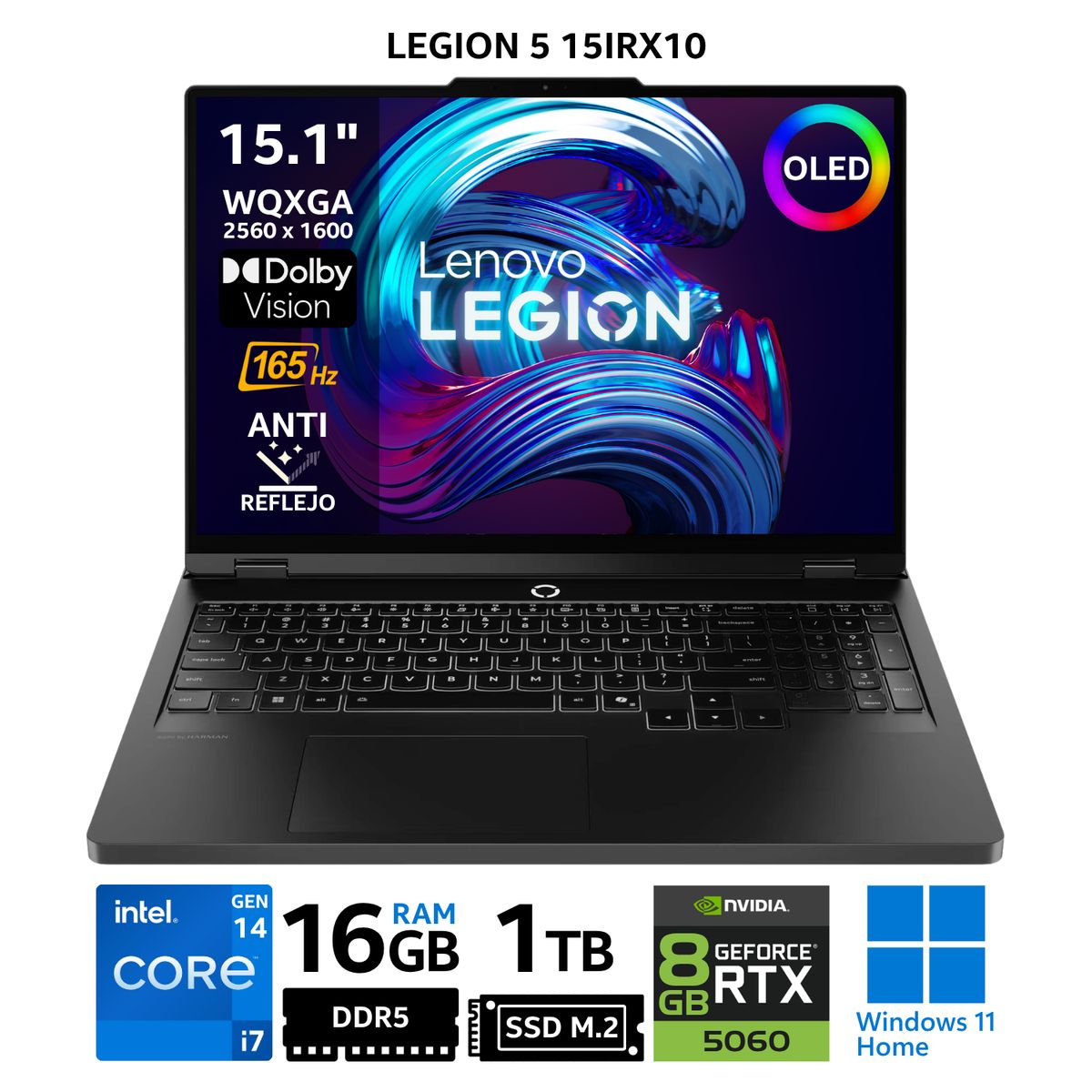 LENOVO - Laptop Lenovo Legion 5 15IRX10, 15.1" OLED 2K, Core i7 14700HX, RAM 16GB, SSD 1TB, RTX 5060, Win 11