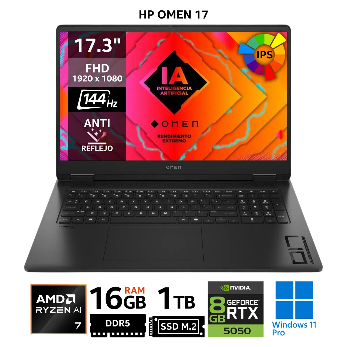 HP - Laptop HP OMEN 17-db1001la, 17.3" FHD IPS, Ryzen AI 7 350, RAM 16GB, SSD 1TB, RTX 5050, Win 11
