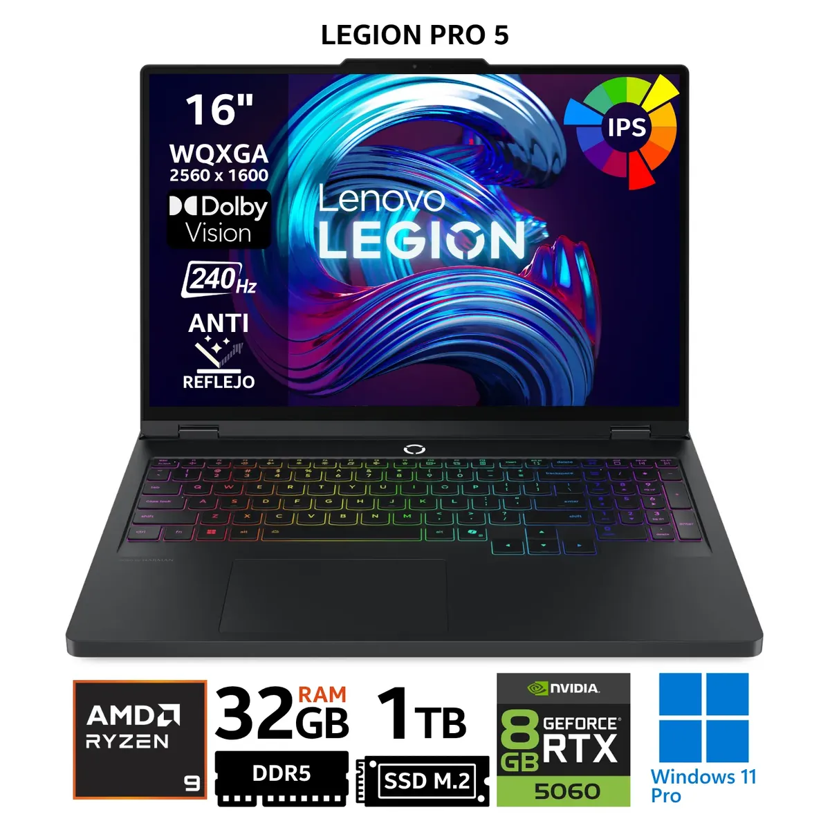 LENOVO - Laptop Lenovo Legion Pro 5 16ADR10, 16" WQXGA IPS, Ryzen 9 8945HX, RAM 32GB, SSD 1TB, TX 5060, Win11