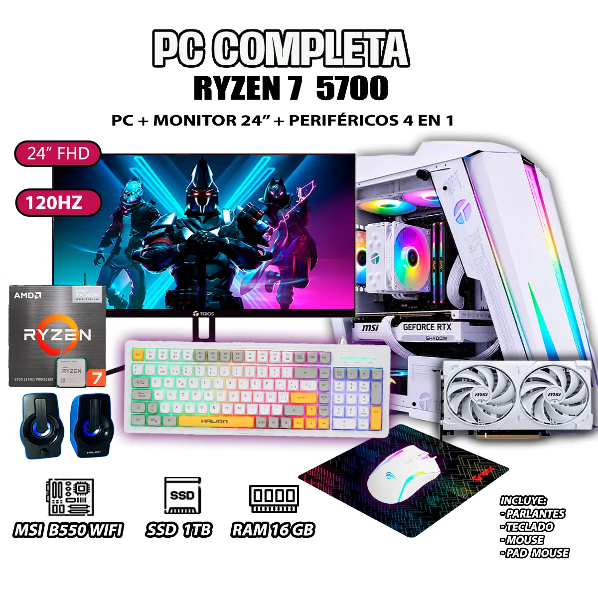 AMD - Computadora PC COMPLETA RYZEN 7 5700 RAM 16GB SSD 1TB GRAFICA RTX 5060 8GB
