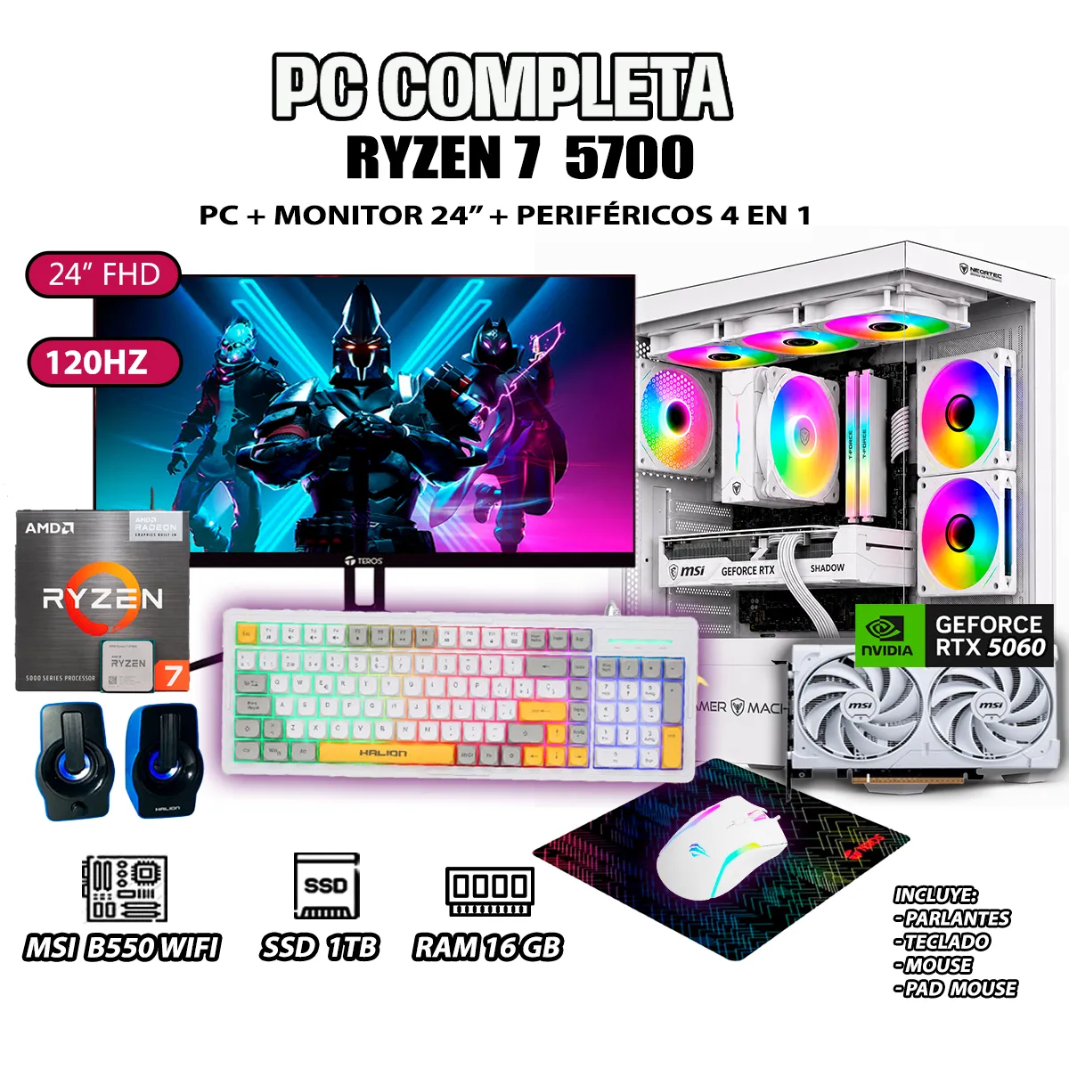 AMD - Computadora PC COMPLETA RYZEN 7 5700 RAM 16GB SSD 1TB GRAFICA RTX 5060 8GB.