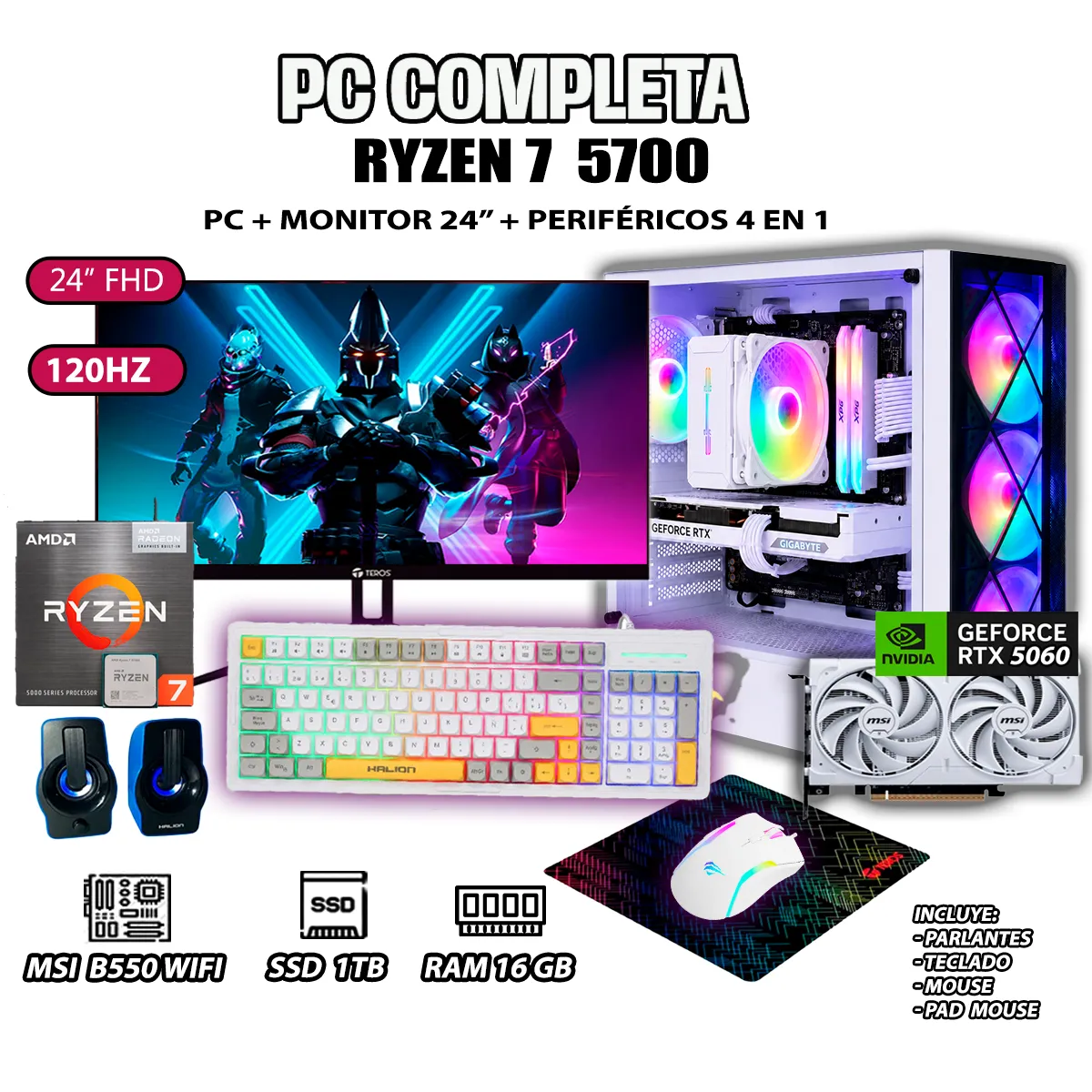 AMD - Computadora PC COMPLETA RYZEN 7 5700 RAM 16GB SSD 1TB GRAFICA RTX 5060 8GB.