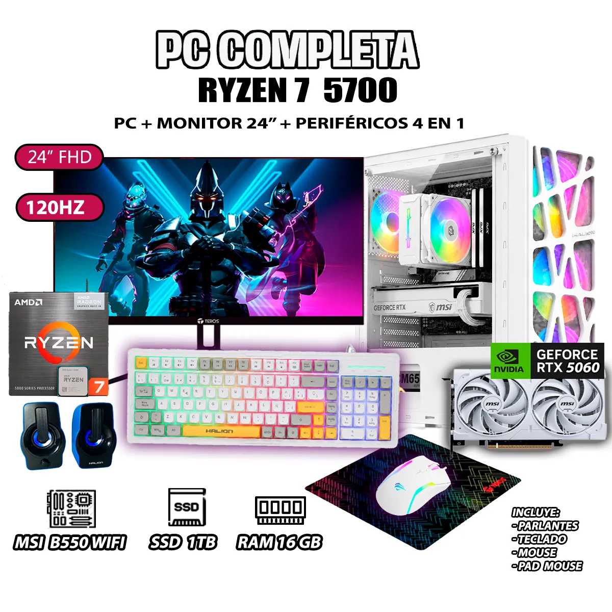 AMD - Computadora PC COMPLETA RYZEN 7 5700 RAM 16GB SSD 1TB GRAFICA RTX 5060 8GB.