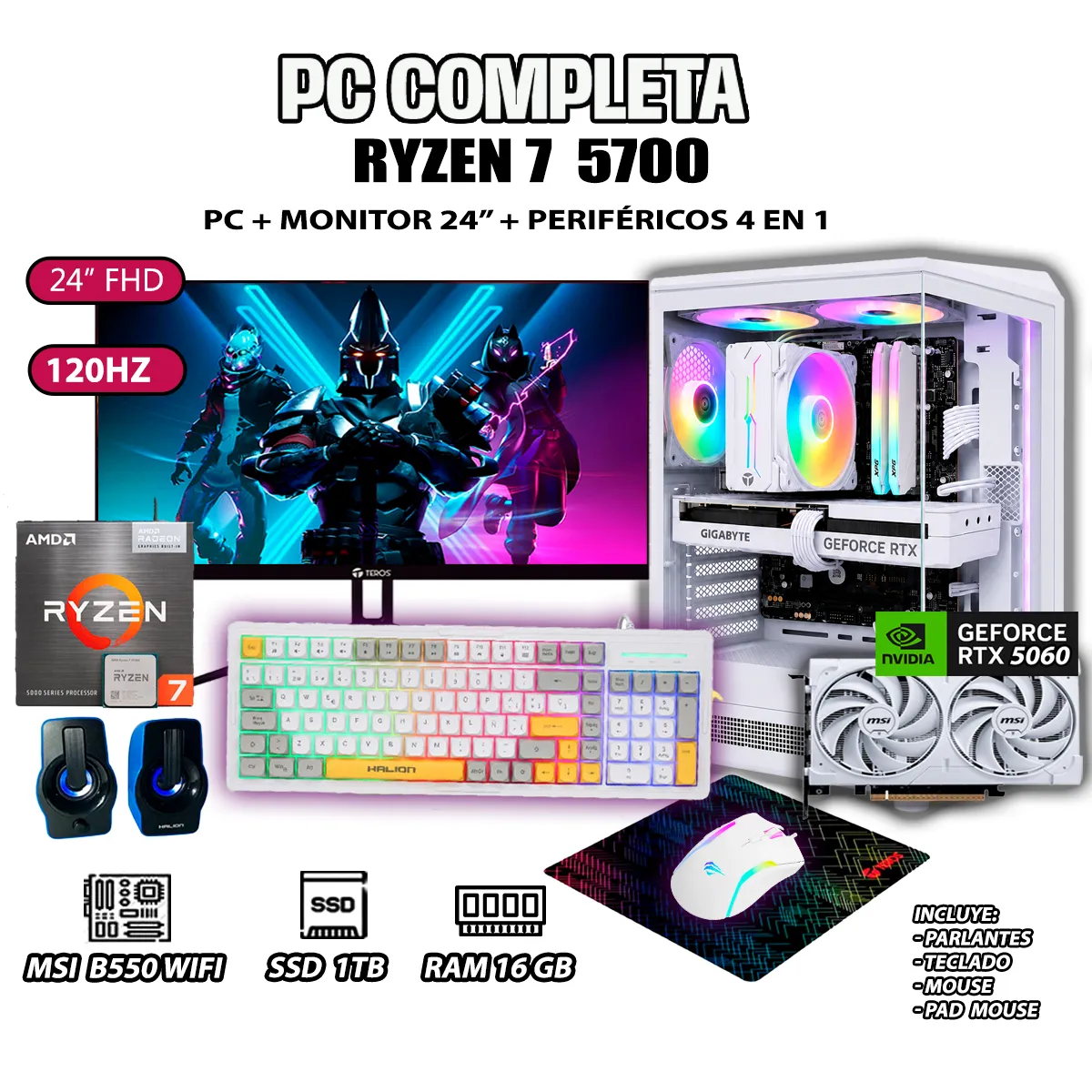 AMD - Computadora PC COMPLETA RYZEN 7 5700 RAM 16GB SSD 1TB GRAFICA RTX 5060 8GB.