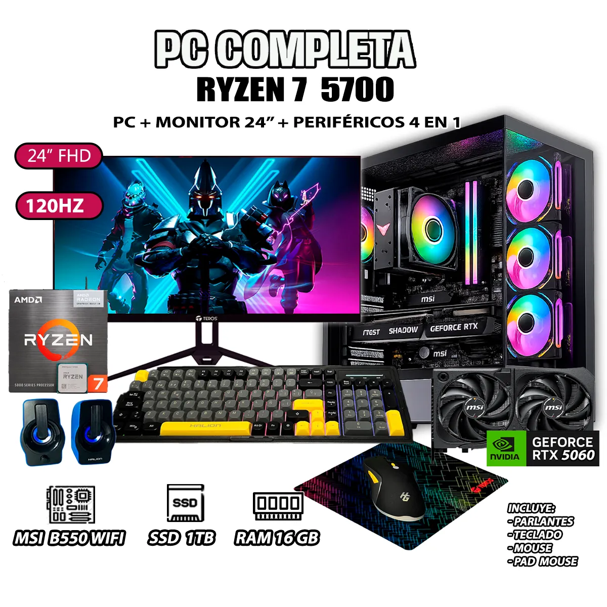 AMD - Computadora PC COMPLETA RYZEN 7 5700 RAM 16GB SSD 1TB GRAFICA RTX 5060 8GB