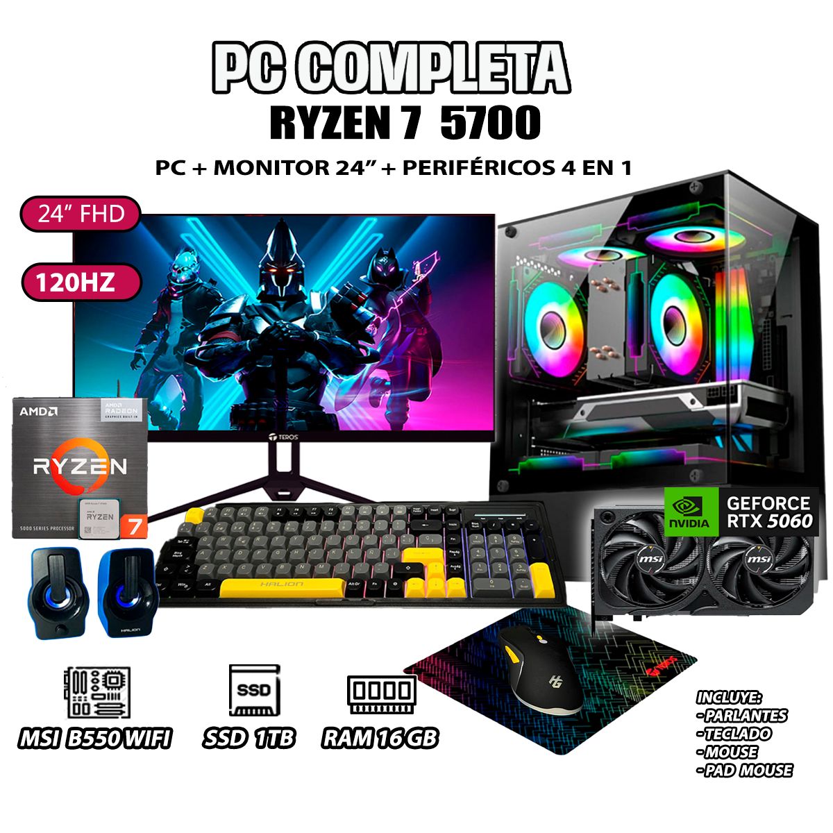 AMD - Computadora PC COMPLETA RYZEN 7 5700 RAM 16GB SSD 1TB GRAFICA RTX 5060 8GB.