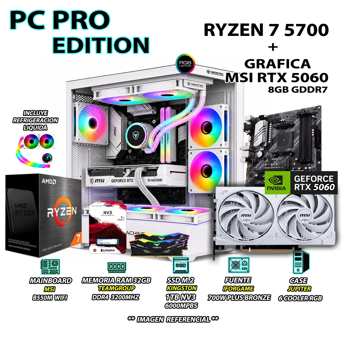 AMD - Computadora PC RYZEN 7 5700 RAM 32GB SSD 1TB GRAFICA RTX 5060 8GB.