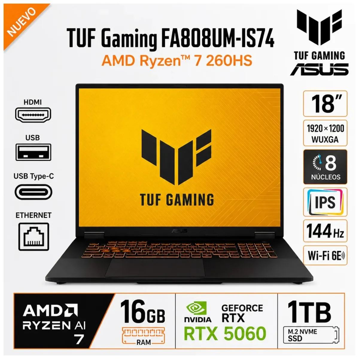 ASUS - Laptop Gamer ASUS TUF 18" FHD+ AMD Ryzen 7 260 16GB 1TB SSD GeForce RTX 5060 WIN 11