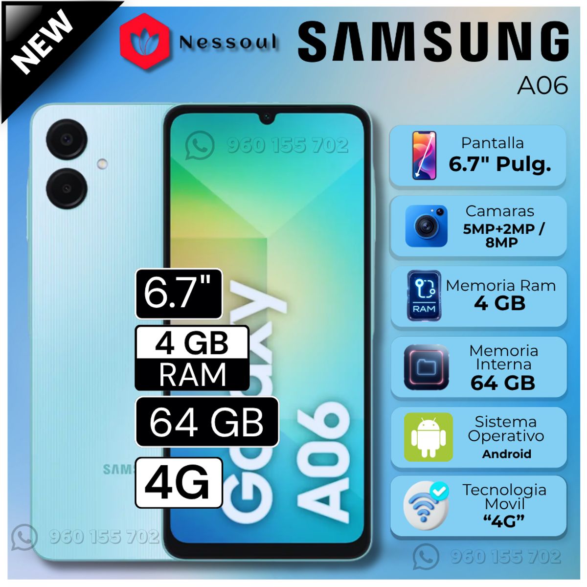 SAMSUNG - Celular Samsung Galaxy A06 4GB RAM 64GB 6.7"  Pulg. - Light Blue