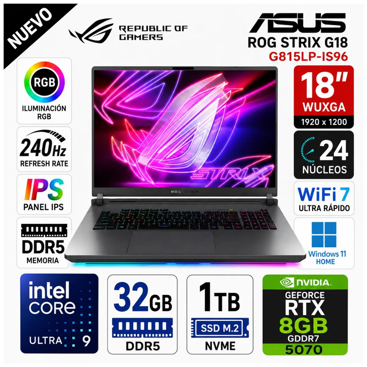 ASUS - Laptop ASUS G815LP-IS96 ROG Strix G16 Intel® Core™ Ultra 9 275HX 32GB RAM DDR5 1TB SSD RTX™ 5070