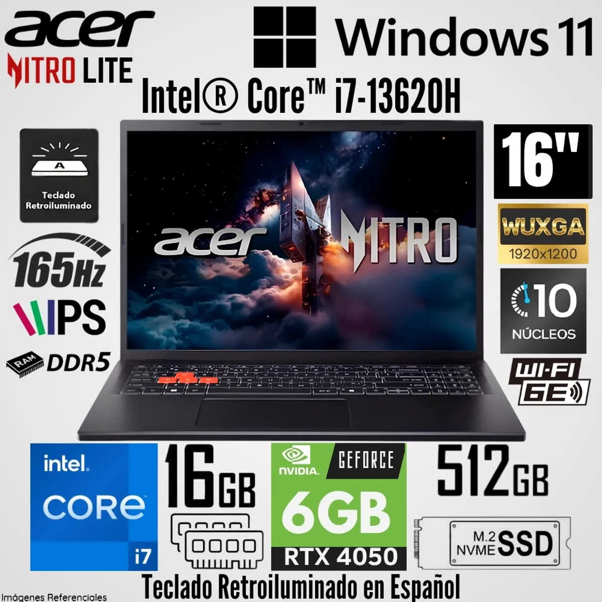 ACER - Laptop Acer Nitro Lite Intel Core i7-13620H 16GB RAM 512GB SSD RTX 4050-6GB RAM 16"  WUXGA 165 Hz