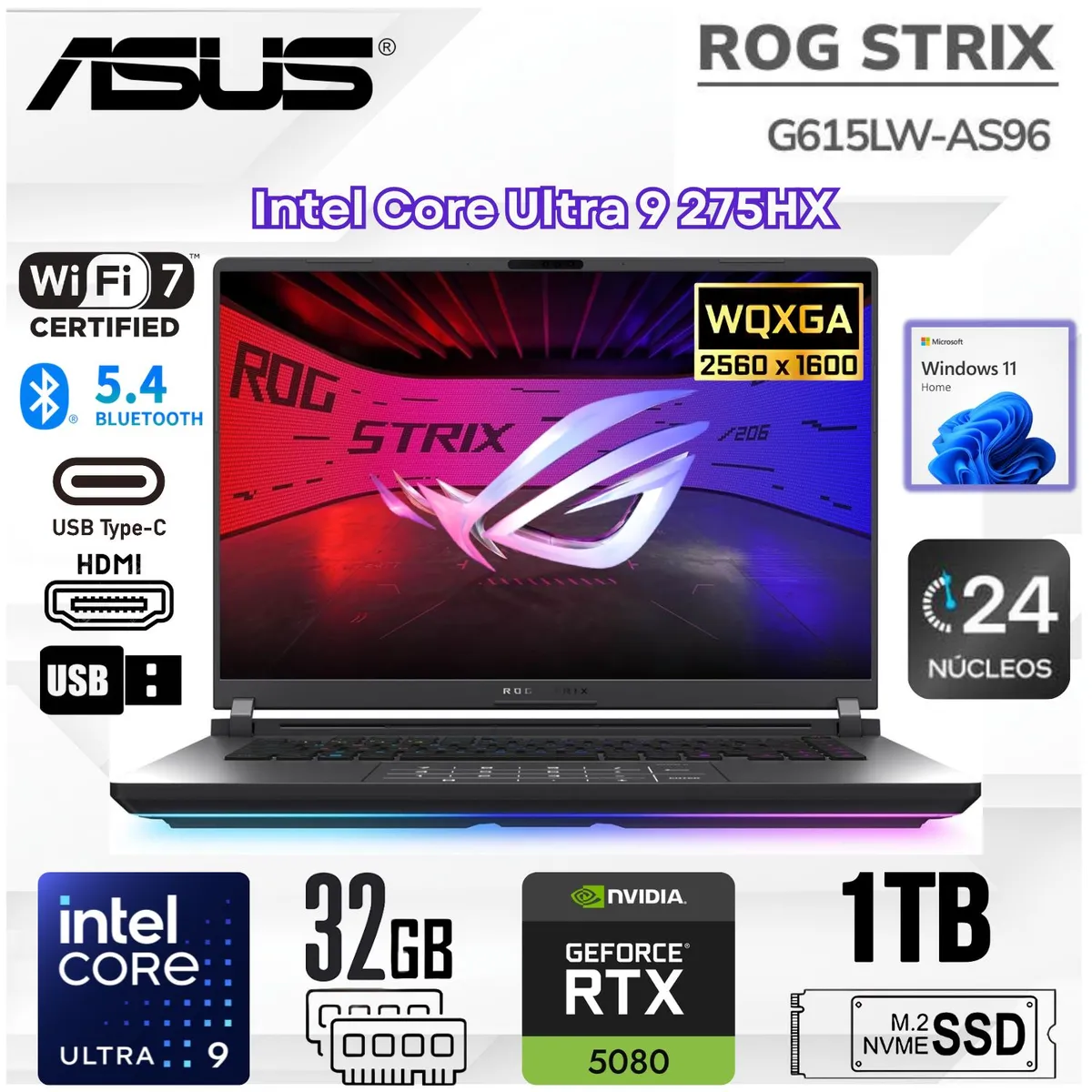 ASUS - Laptop ASUS ROG Strix G16 G615LW-AS96 16" WQXGA 240Hz Intel® Core™ Ultra 9 275HX 32GB RAM 1TB SSD RTX™ 5080