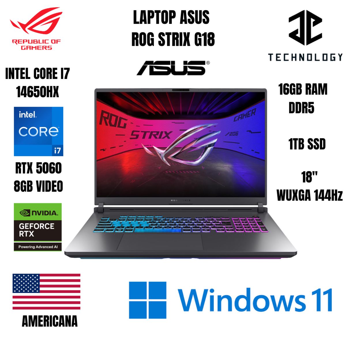 ASUS - LAPTOP ASUS ROG STRIX G18 2025 I7 14650HX / 16GB RAM DDR5 / 1TB SSD / RTX 5060 8GB VIDEO