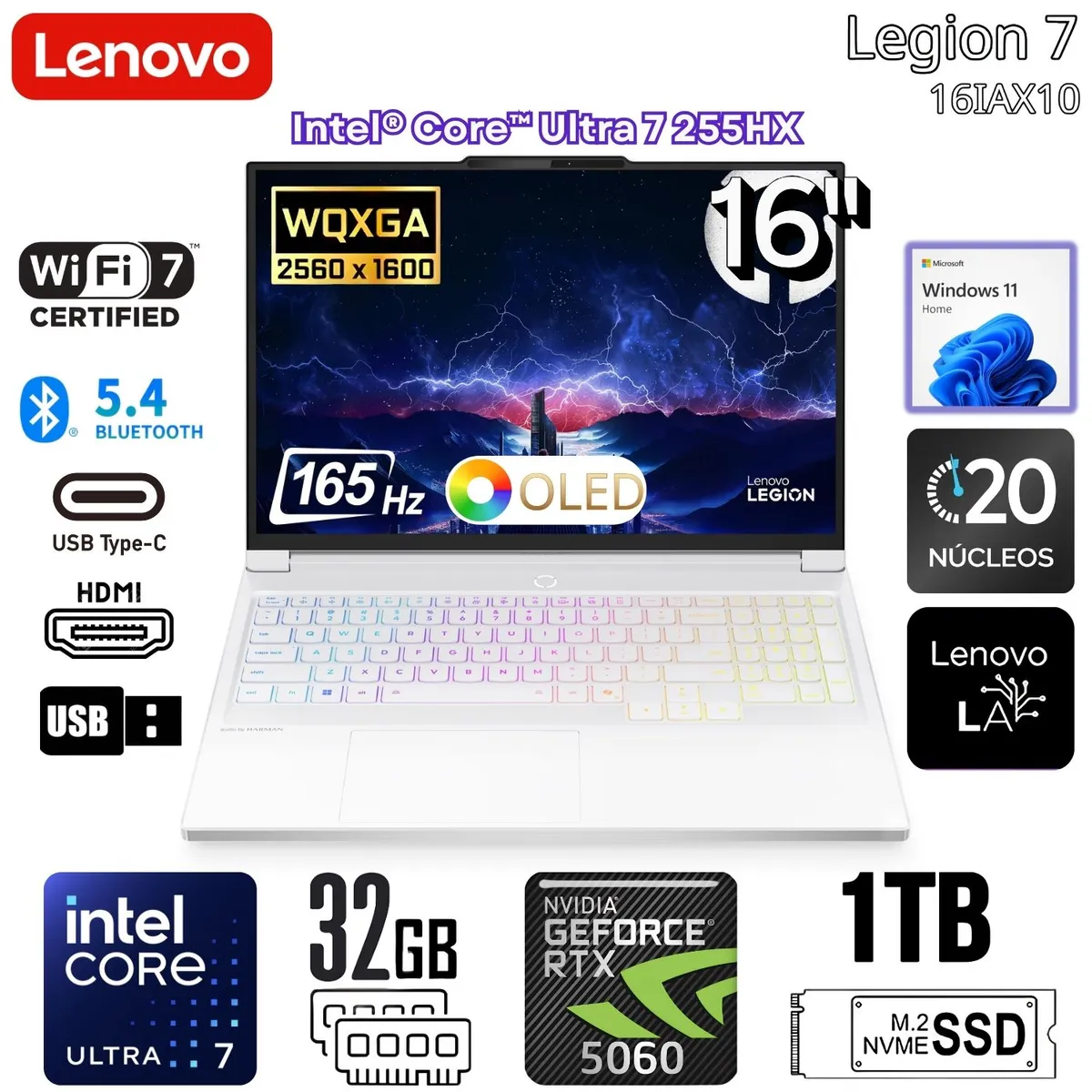 LENOVO - Laptop Lenovo Legion 7 16IAX10 - Intel® Core™ Ultra 7 255HX - 32GB DDR5 - 1TB SSD - RTX™ 5060 8GB