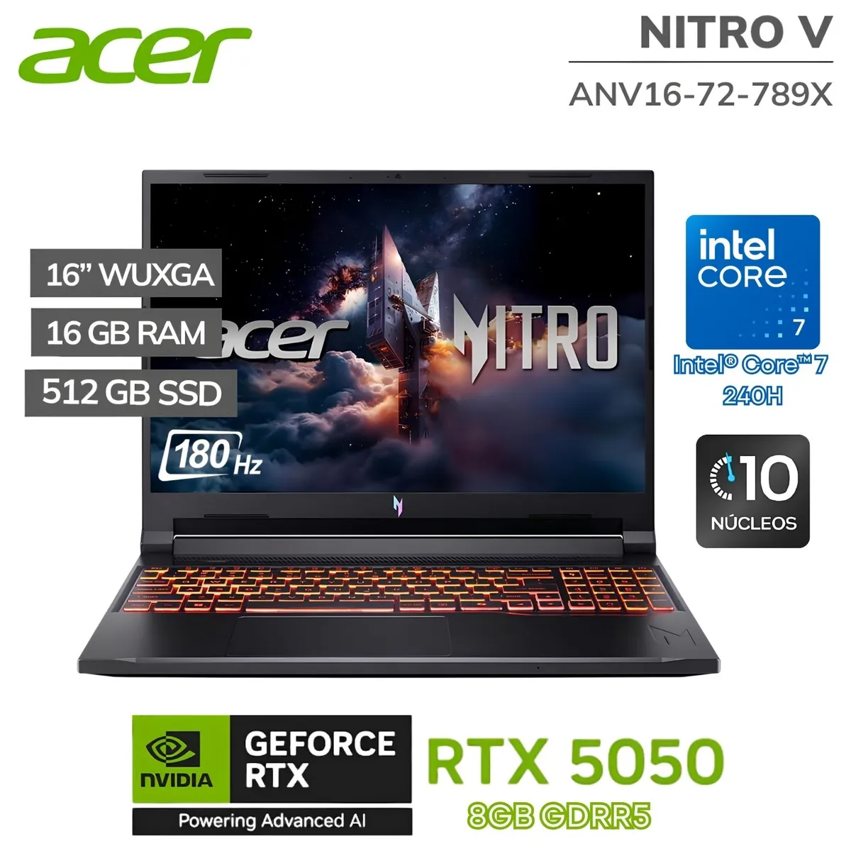ACER - Laptop Acer Nitro V 16 ANV16-72-789X Intel® Core™ 7 240H 16GB DDR5 512GB SSD RTX™ 5050-8GB 16" 180Hz