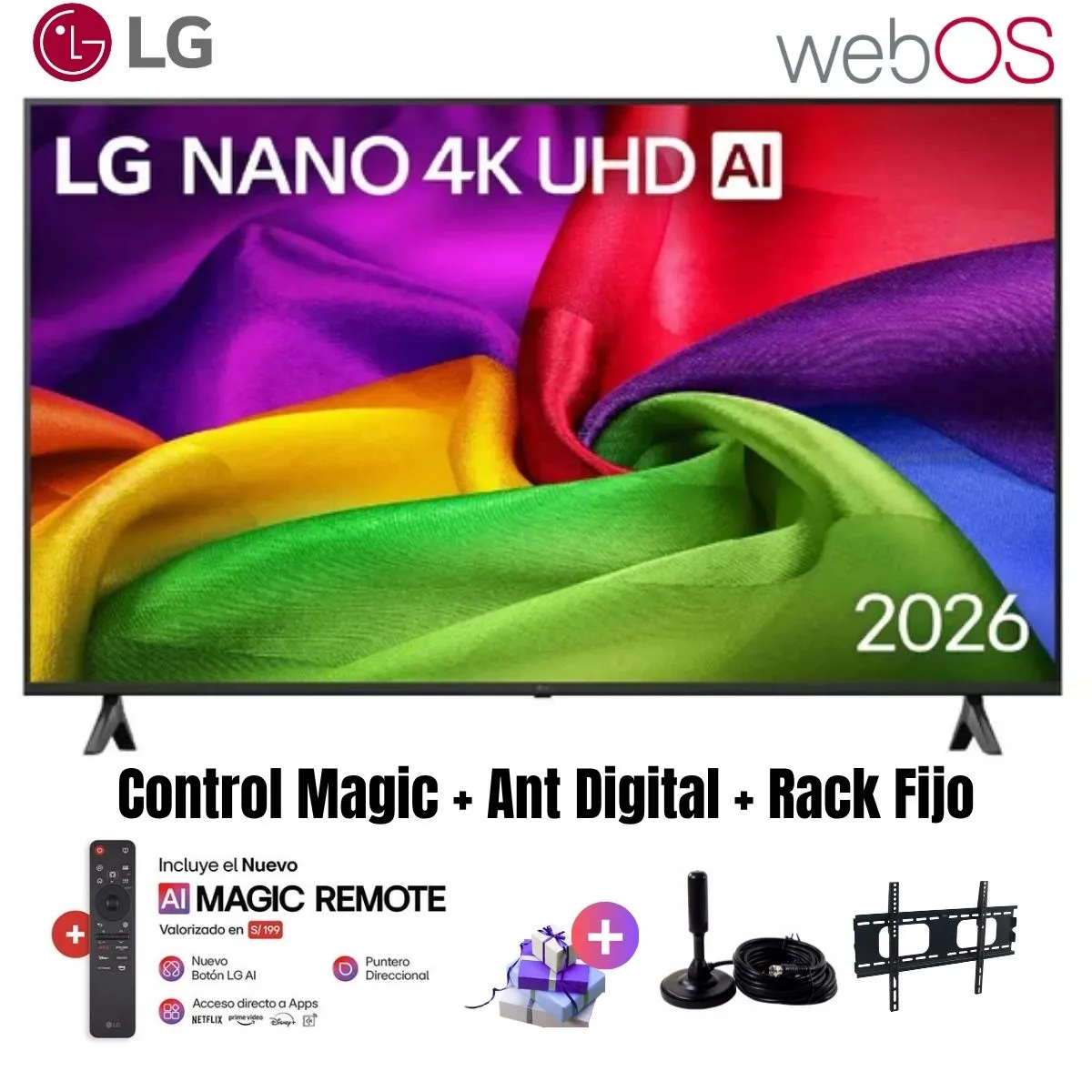 LG - Televisor Smart TV LG 55'' NANO UHD 4K WebOS 55NU800BPSB 2026 + Ant + Rack Fijo