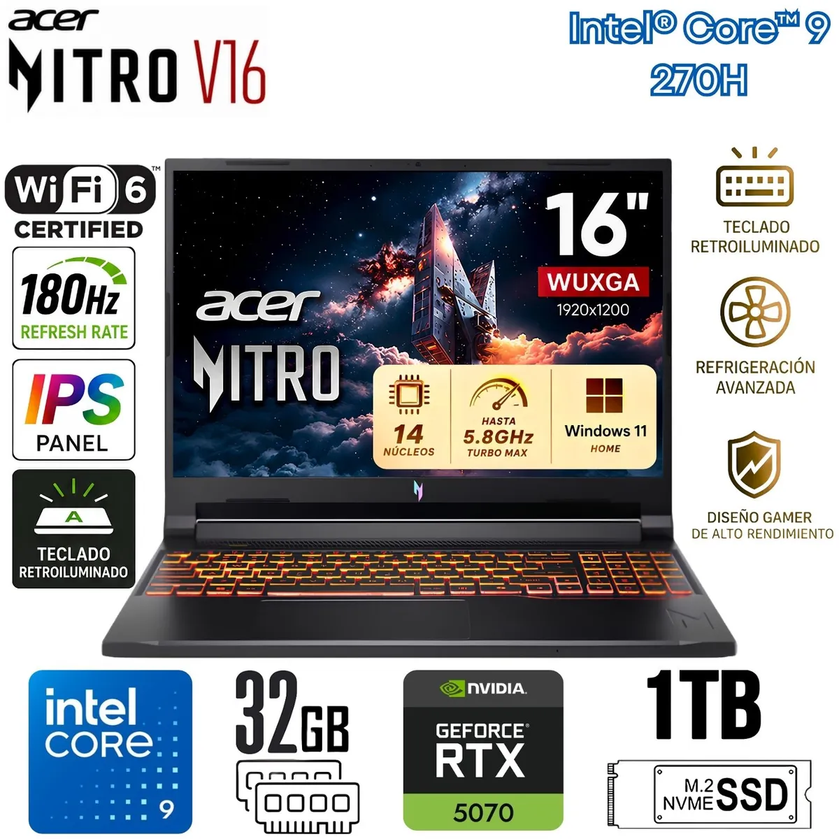 ACER - Laptop Acer Nitro V16 ANV16-72-933F Intel Core 9 270H 32GB RAM 1TB SSD RTX™ 5070 8GB 16" 180Hz