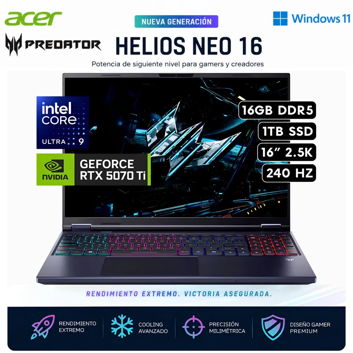 ACER - Laptop Acer Predator Helios Neo 16 AI PHN16-73-92B8 Intel® Core™ Ultra 9 275HX 16GB GDDR5 1TB SSD RTX™ 5070Ti