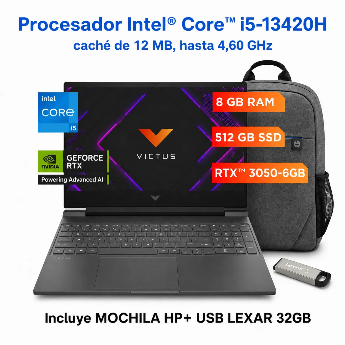HP - HP Gaming Victus  Intel Core i5,13420H 8 GB RAM, NVIDIA GeForce RTX 3050-6GB, 512 GB SSD, 15.6" FHD 144 Hz + KID.