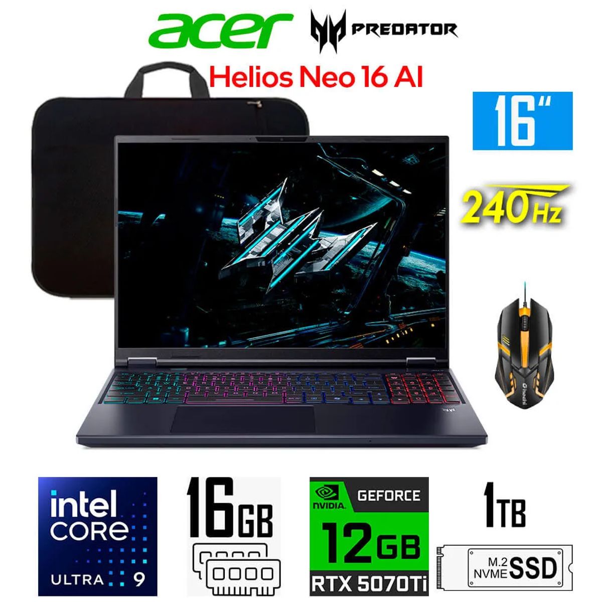 ACER - Laptop gamer Acer Predator Helios Neo 16 AI Core Ultra 9 Nvidia RTX5070Ti Ram 16gb Ssd 1tb 16″ 240Hz