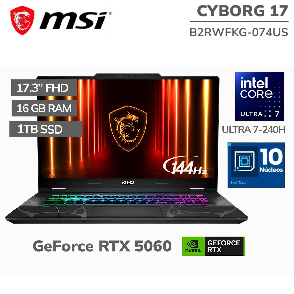 Msi - Laptop MSI Cyborg B2RWFKG-074US Intel® Core™ Ultra 7 240H 16GB RAM 1TB SSD RTX™ 5060-8GB GDDR7 144Hz