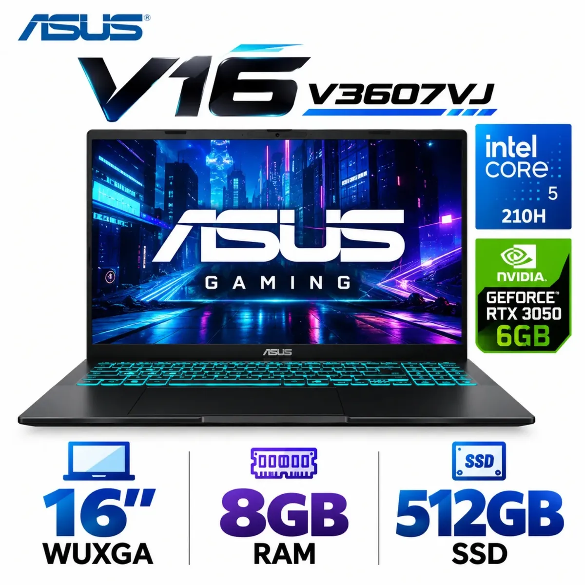 ASUS - Asus V16 V3607VJ-RP067W Core 5-210H, 8GB RAM, 512GB SSD, RTX 3050 6GB, 16″ WUXGA, Windows 11.