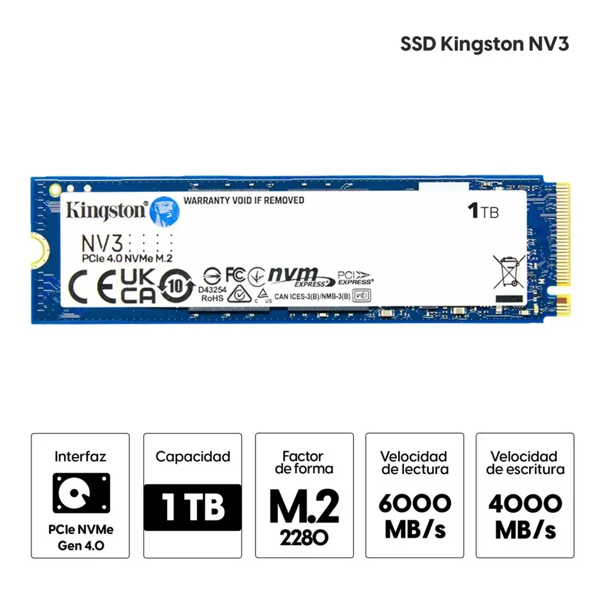 KINGSTON - SSD KINGSTON NV3 1TB M.2 PCIe 4.0 NVME  M.2 1TB 6000MB DISCO SOLIDO