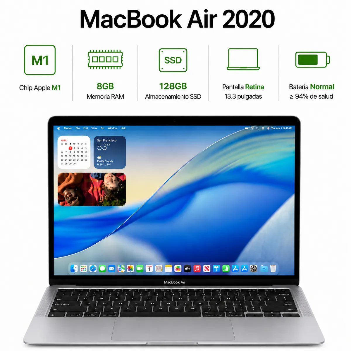 APPLE - MacBook Air 2020 13.3” A2337 Apple M1 8GB RAM 128 GB SSD Reacondicionada Grado A