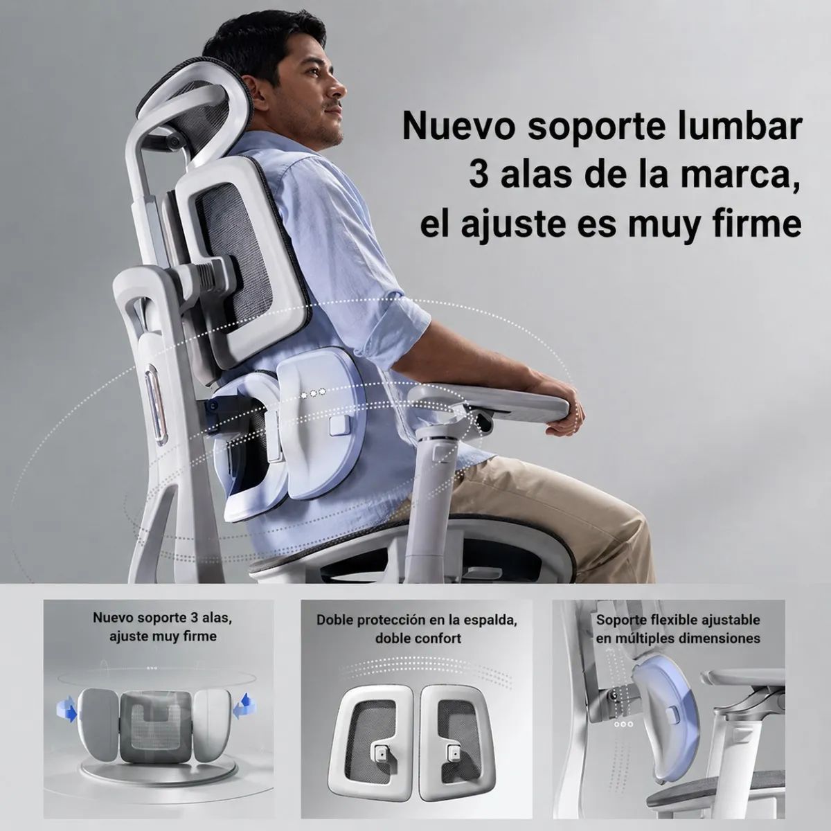 GENERICO - Silla Ergonomica Haven E3 Pro Wing Doble Respaldo Lumbar Alas Gris