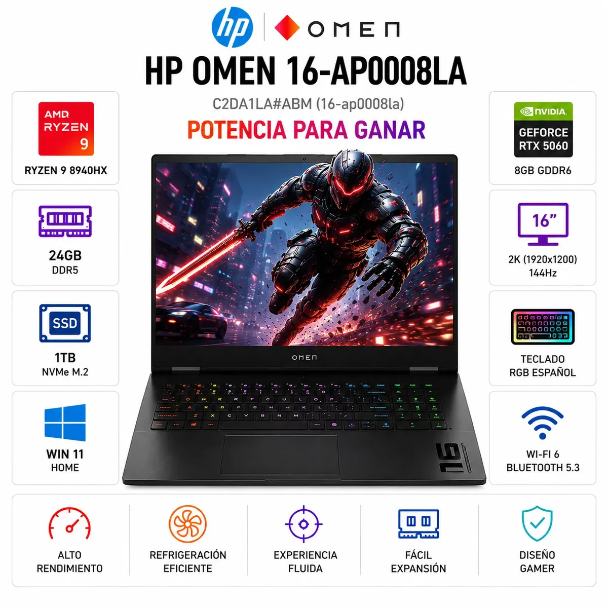 HP - Laptop HP OMEN 16-AP0008LA AMD Ryzen 9 8940HX 24GB RAM 1TB RTX 5060 8GB 16" WUXGA  W11H