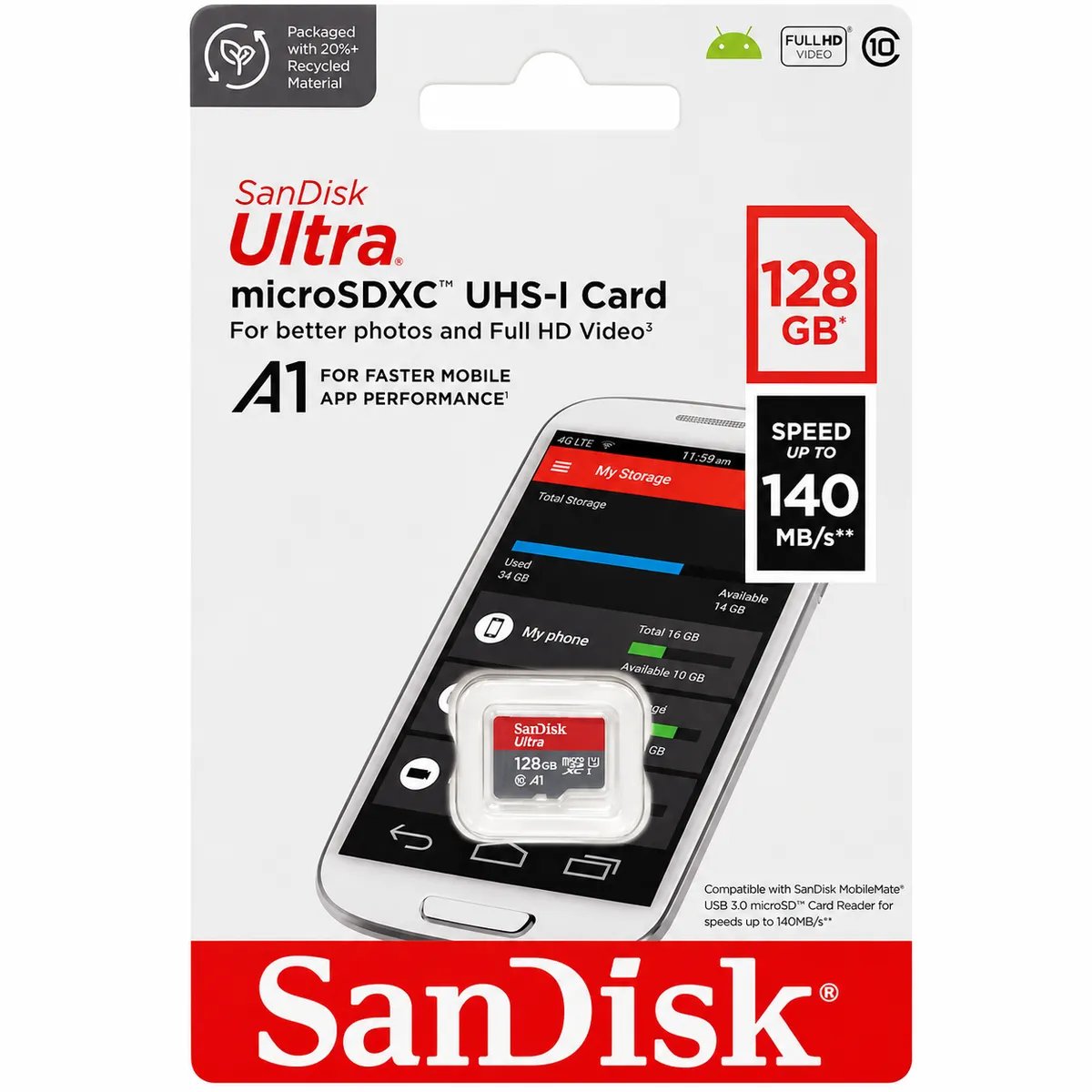 SANDISK - Memoria Micro SD 128 GB Ultra A1 140 Mbps
