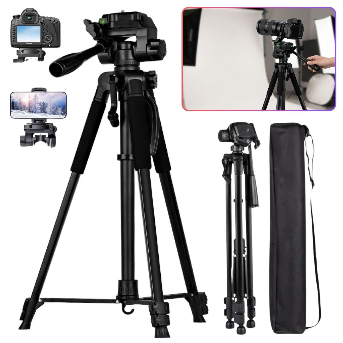 SEISA - Tripode Aluminio Profesional 160CM Portatil para Camara Canon, Sony Nikon y Celular