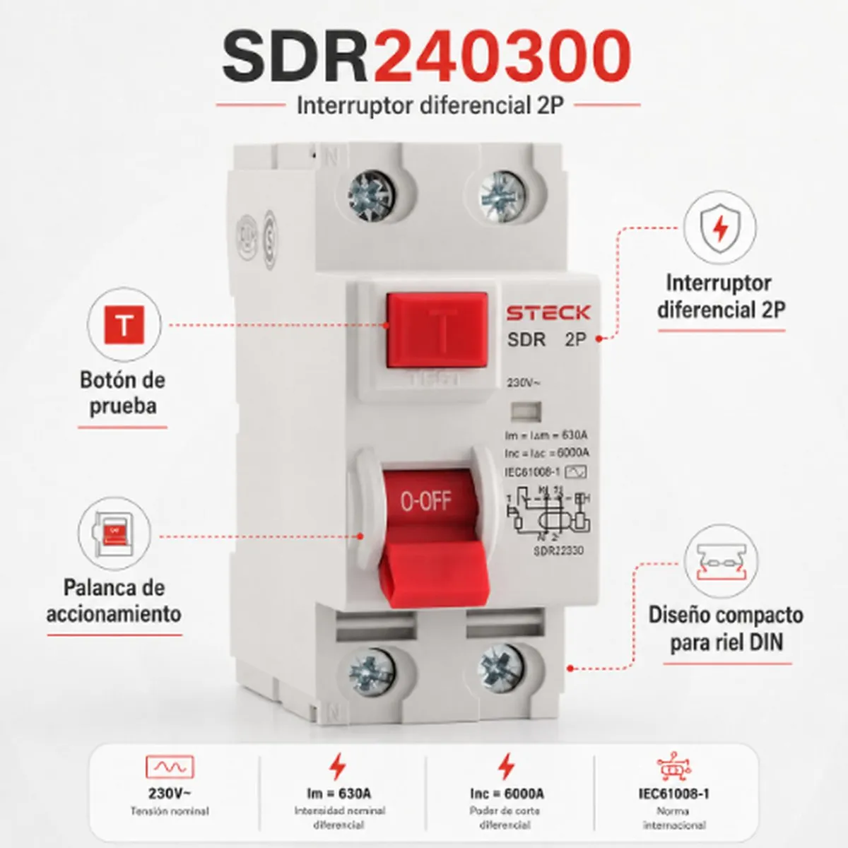 Interruptor Diferencial STECK SDR240300 2P 40A 300 mA Residual Serie SDR, marca STECK - Foto 2