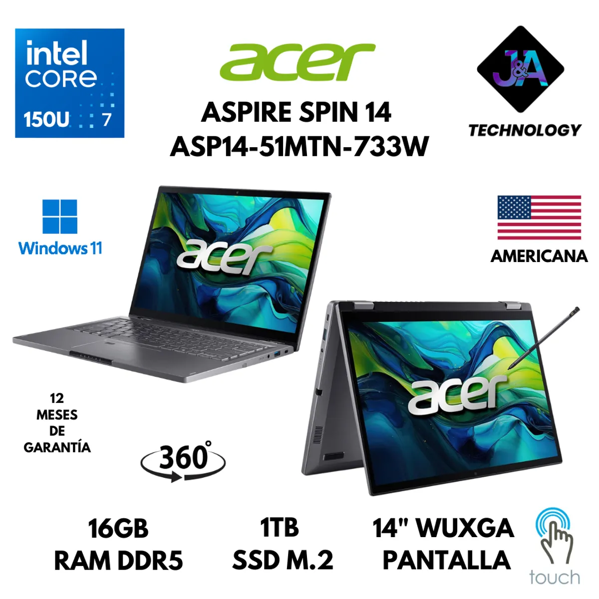 ACER - LAPTOP ACER ASPIRE SPIN 14 CORE 7 150U 16GB RAM 1TB SSD 14" WUXGA TS WINDOWS 11 AMERICANA + LAPIZ