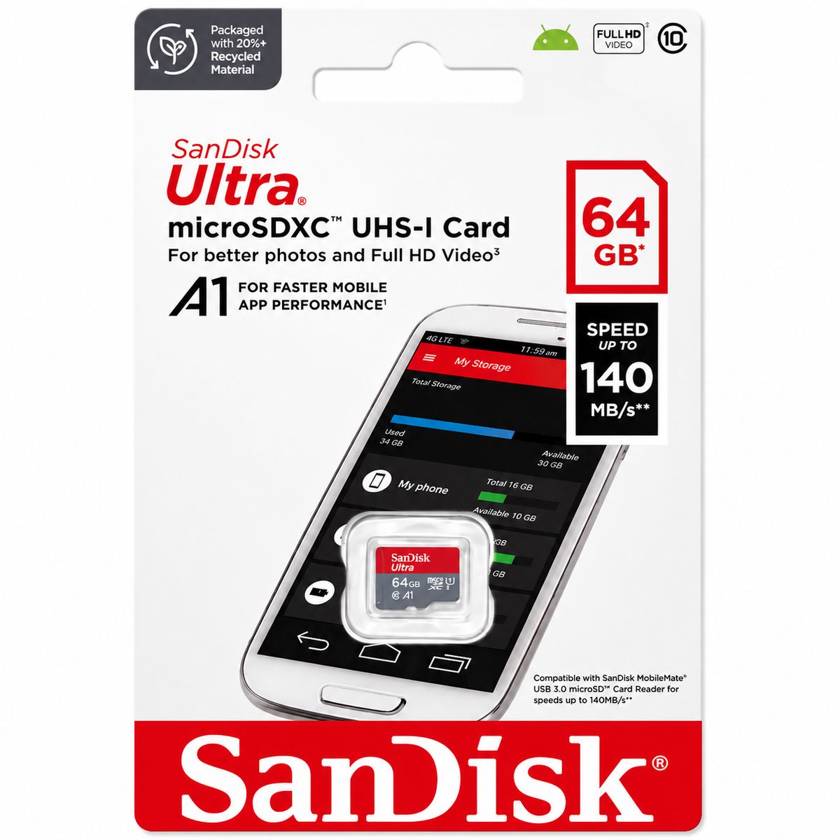 SANDISK - Memoria Micro SD SanDisk Ultra 64GB A1 140MB/s Clase 10 UHS-I