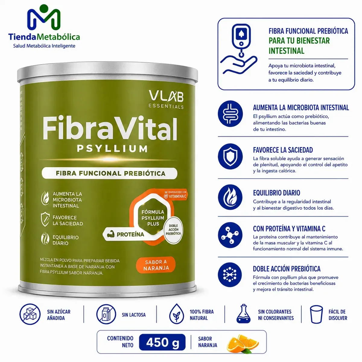 VLAB ESSENTIALS - Fibra Soluble Prebiótica FIBRAVITAL Psyllium con Vitamina C, (45 Servicios)