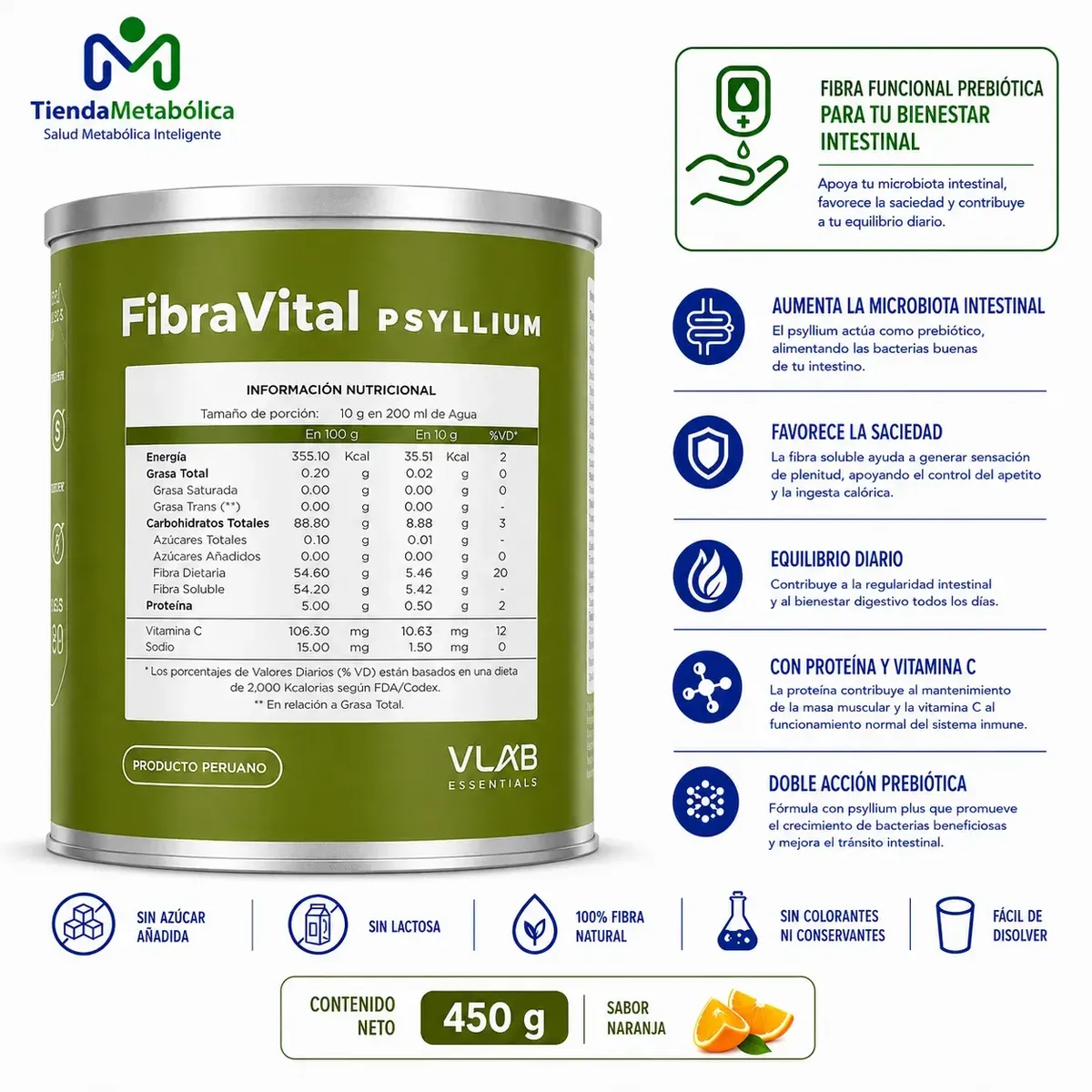 VLAB ESSENTIALS - Fibra Soluble Prebiótica FIBRAVITAL Psyllium con Vitamina C, (45 Servicios)